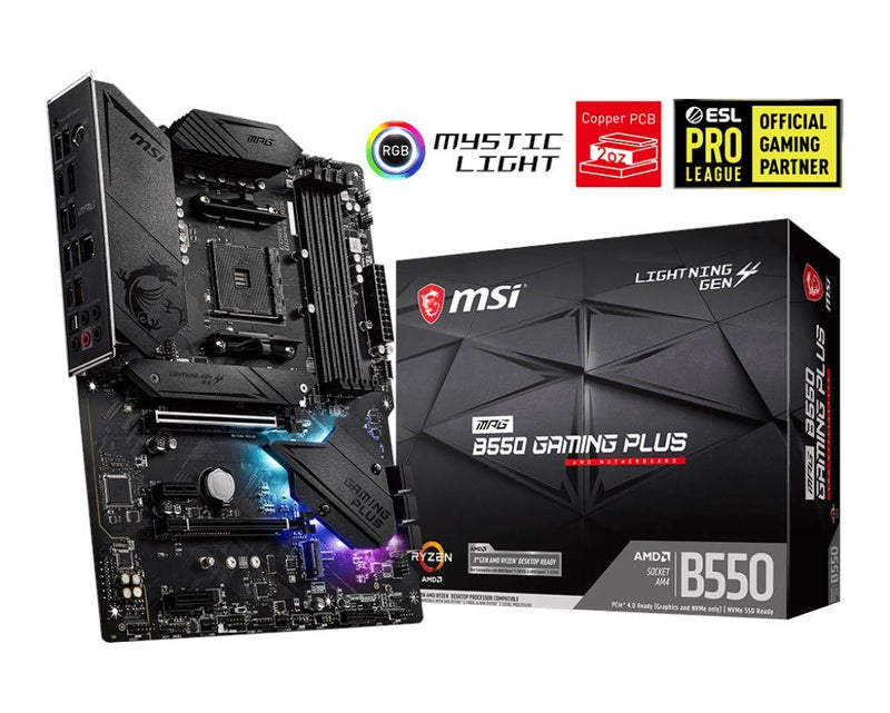 MSI MPG B550 GAMING PLUS Motherboard ATX - Supports AMD Ryzen 3rd Gen Processors, AM4, DDR4 Boost (4400MHz/OC), 1x PCIe 4.0/3.0 x16, 1x PCIe 3.0 x16, 1x M.2 Gen4 x4, 1x M.2 Gen3 x4, Gigabit LAN