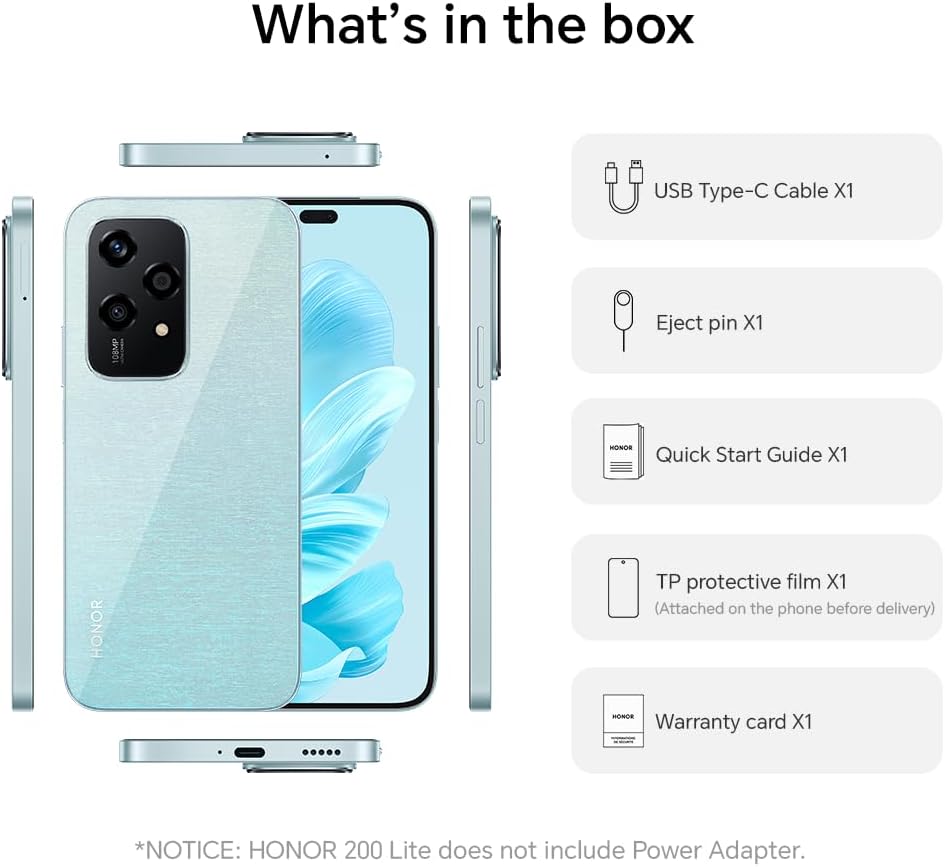 HONOR 200 Lite, Unlocked Mobile Phones, 5G Smartphone, 8GB+256GB, 6,7” Anti-Drop AMOLED Display, 108MP Triple Rear Camera, 50MP Front Camera, Dual SIM, 2 Year Manufacturer Warranty, Android 14, Cyan Honor 200 Lite Cyan