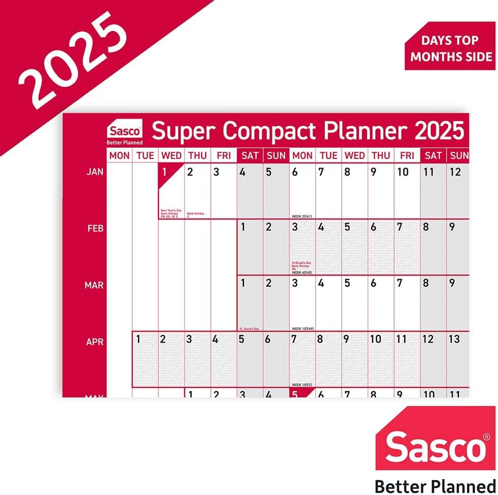 Sasco 2025 Super Compact Yearly Wall Planner, Paper Mini Whiteboard Poster Style Dry Erase Calendar, Small Wall Planner with Dry Erase Pen & Stickers, Wall Chart, Blue, 400x285mm, 2410241