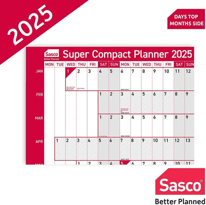 Sasco 2025 Super Compact Yearly Wall Planner, Paper Mini Whiteboard Poster Style Dry Erase Calendar, Small Wall Planner with Dry Erase Pen & Stickers, Wall Chart, Blue, 400x285mm, 2410241