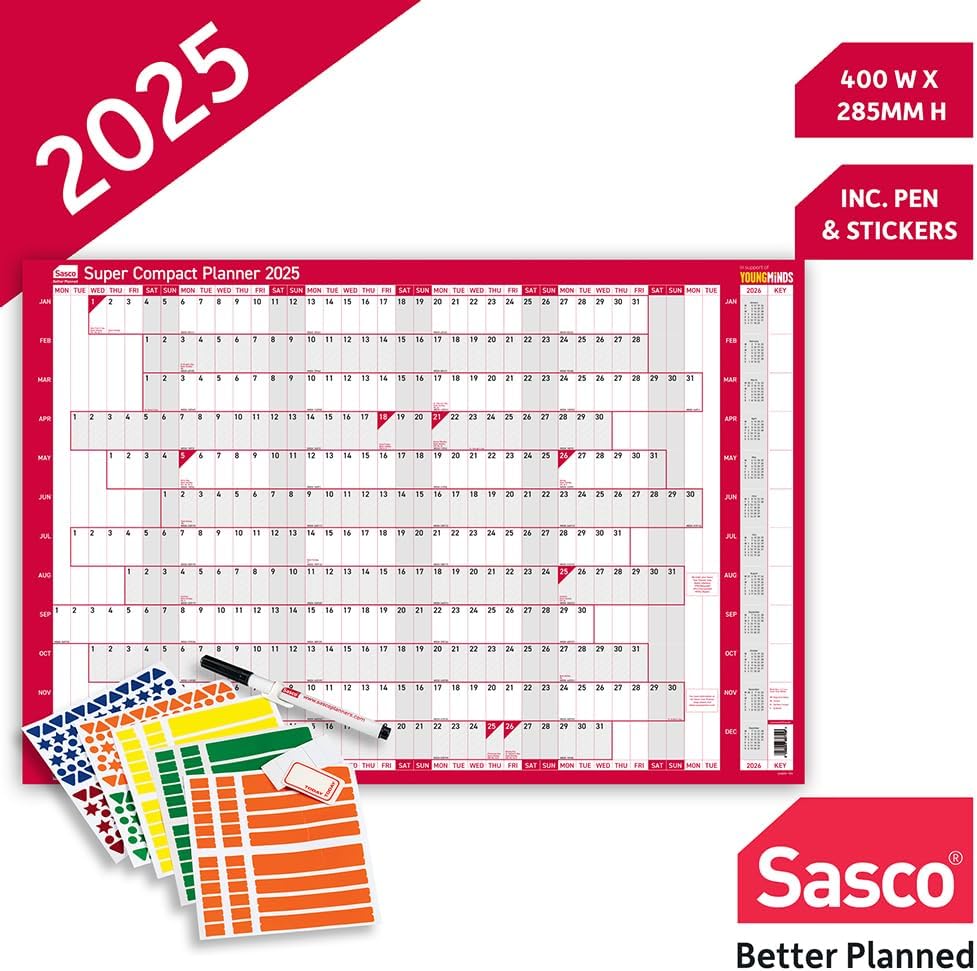 Sasco 2025 Super Compact Yearly Wall Planner, Paper Mini Whiteboard Poster Style Dry Erase Calendar, Small Wall Planner with Dry Erase Pen & Stickers, Wall Chart, Blue, 400x285mm, 2410241