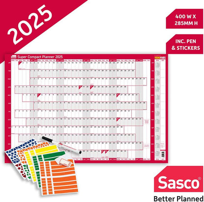 Sasco 2025 Super Compact Yearly Wall Planner, Paper Mini Whiteboard Poster Style Dry Erase Calendar, Small Wall Planner with Dry Erase Pen & Stickers, Wall Chart, Blue, 400x285mm, 2410241