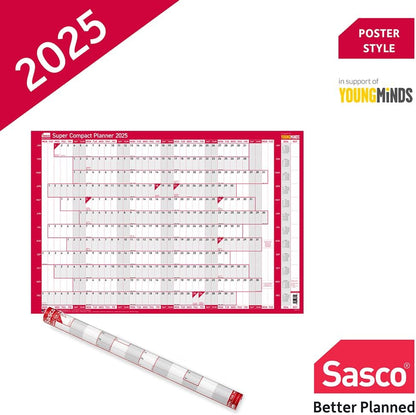 Sasco 2025 Super Compact Yearly Wall Planner, Paper Mini Whiteboard Poster Style Dry Erase Calendar, Small Wall Planner with Dry Erase Pen & Stickers, Wall Chart, Blue, 400x285mm, 2410241
