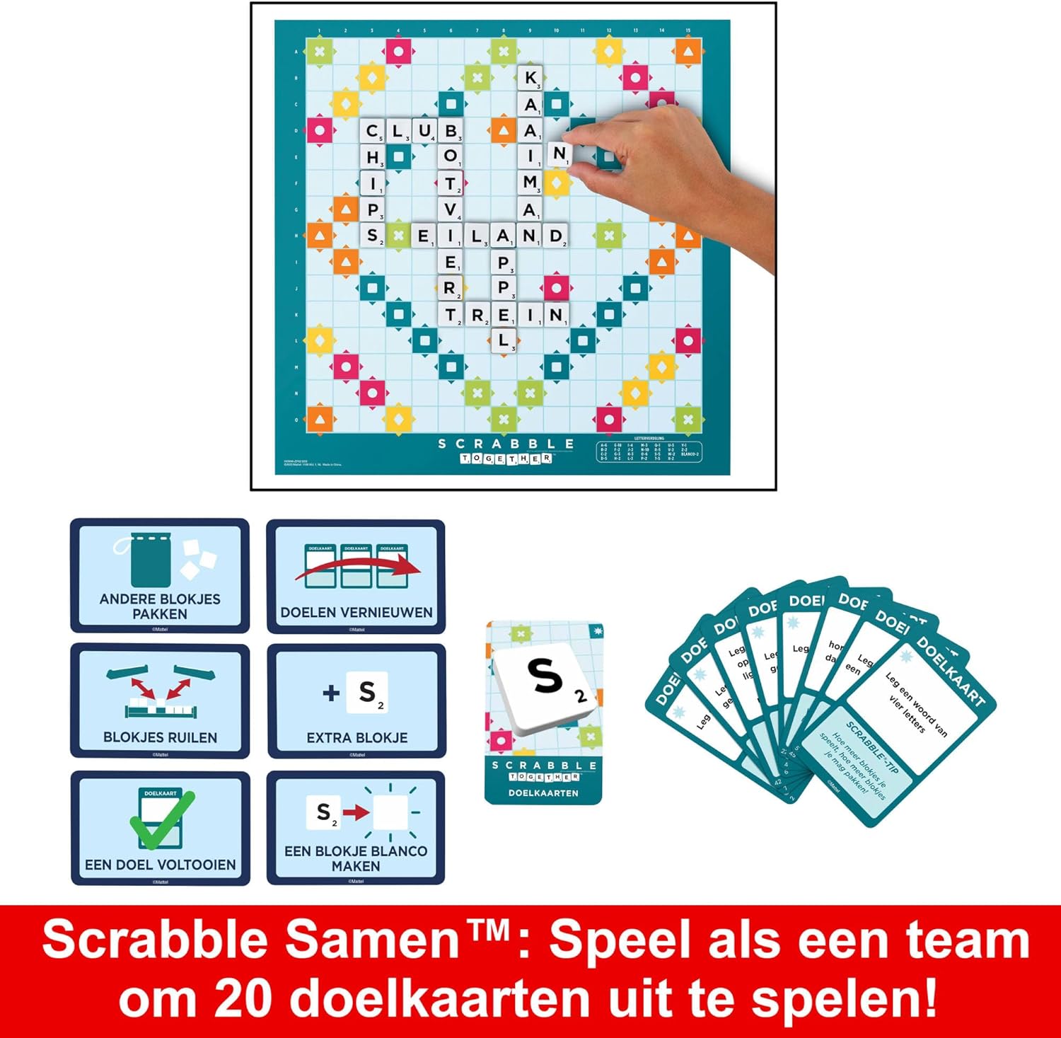 Mattel Games Scrabble bordspel, woordspel voor families met twee manieren om te spelen, bevat 50 doelkaarten met de basisprincipes van Scrabble voor 2-4 spelers, Nederlandse editie, HXW00