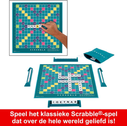 Mattel Games Scrabble bordspel, woordspel voor families met twee manieren om te spelen, bevat 50 doelkaarten met de basisprincipes van Scrabble voor 2-4 spelers, Nederlandse editie, HXW00