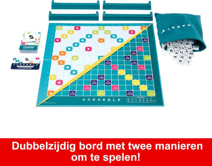 Mattel Games Scrabble bordspel, woordspel voor families met twee manieren om te spelen, bevat 50 doelkaarten met de basisprincipes van Scrabble voor 2-4 spelers, Nederlandse editie, HXW00