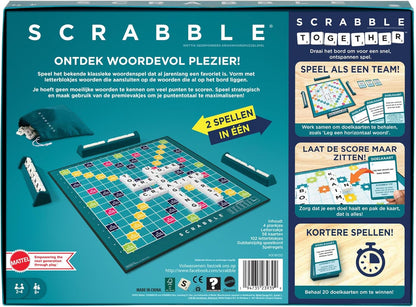 Mattel Games Scrabble bordspel, woordspel voor families met twee manieren om te spelen, bevat 50 doelkaarten met de basisprincipes van Scrabble voor 2-4 spelers, Nederlandse editie, HXW00