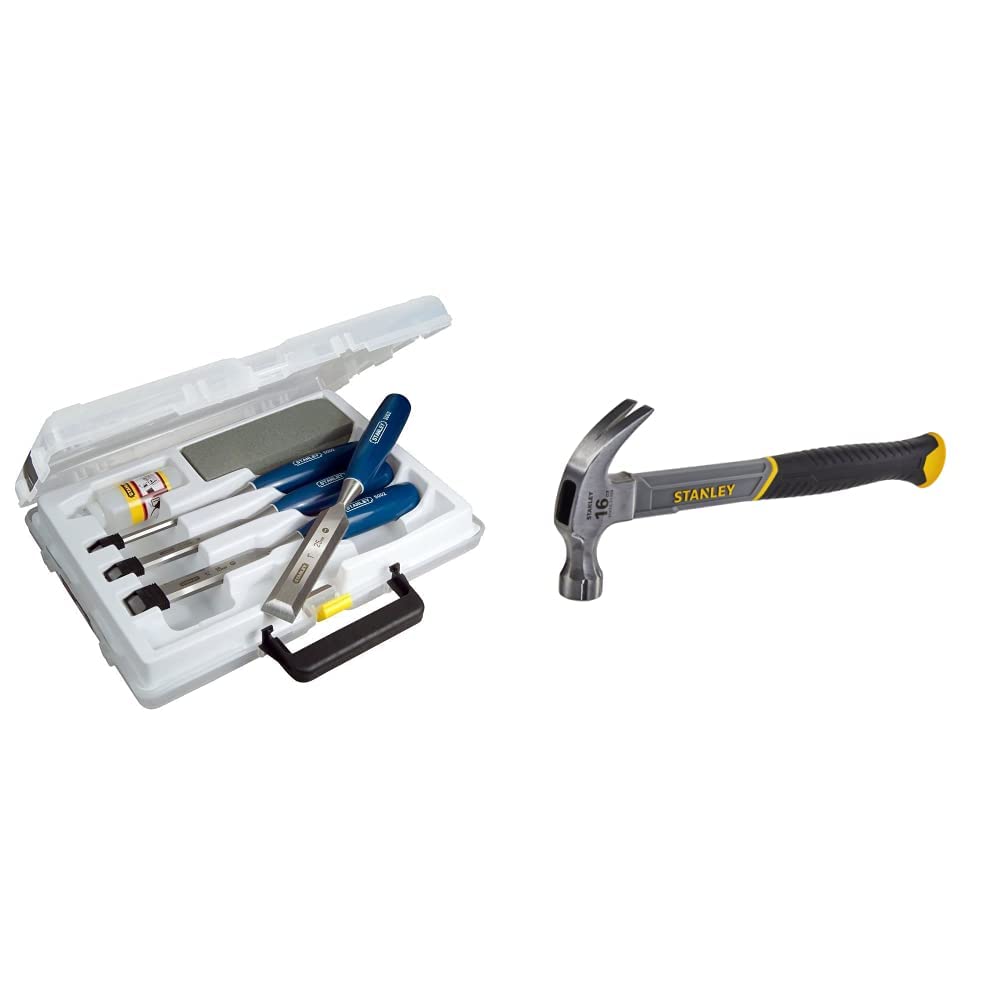 STANLEY 4 Piece Chisel Set Includes 6 12 18 25 mm High Carbon Steel Blade Chisels with Sharpening Stone and Oil 0-16-130 & STANLEY STHT0-51309 16oz Fiberglass Curved Claw Hammer, 450g