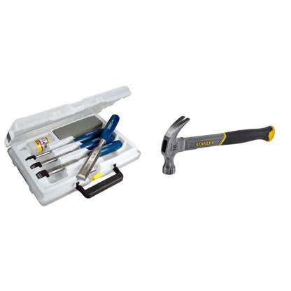 STANLEY 4 Piece Chisel Set Includes 6 12 18 25 mm High Carbon Steel Blade Chisels with Sharpening Stone and Oil 0-16-130 & STANLEY STHT0-51309 16oz Fiberglass Curved Claw Hammer, 450g