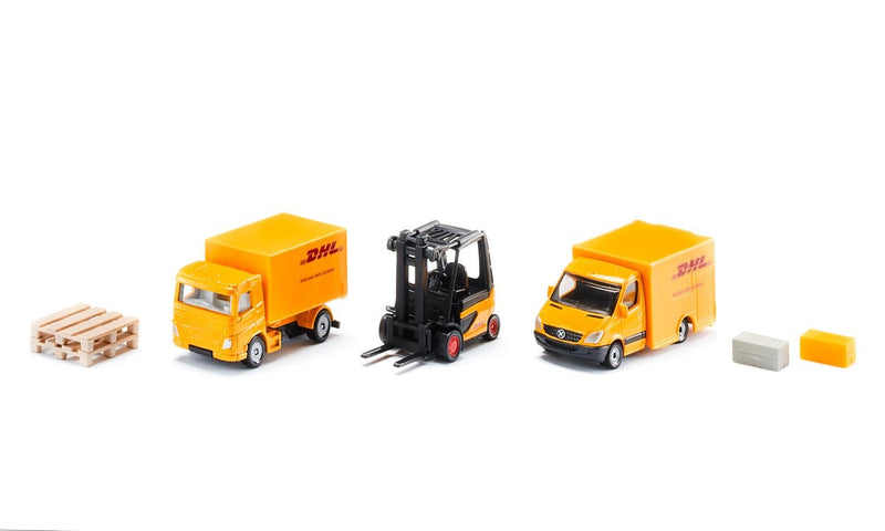 siku 6335, DHL Logistics Gift Set with Truck, Forklift, Parcel Delivery Van, Pallets and Packages, Metal,Plastic, Yellow, Moving Parts