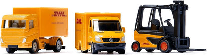siku 6335, DHL Logistics Gift Set with Truck, Forklift, Parcel Delivery Van, Pallets and Packages, Metal,Plastic, Yellow, Moving Parts