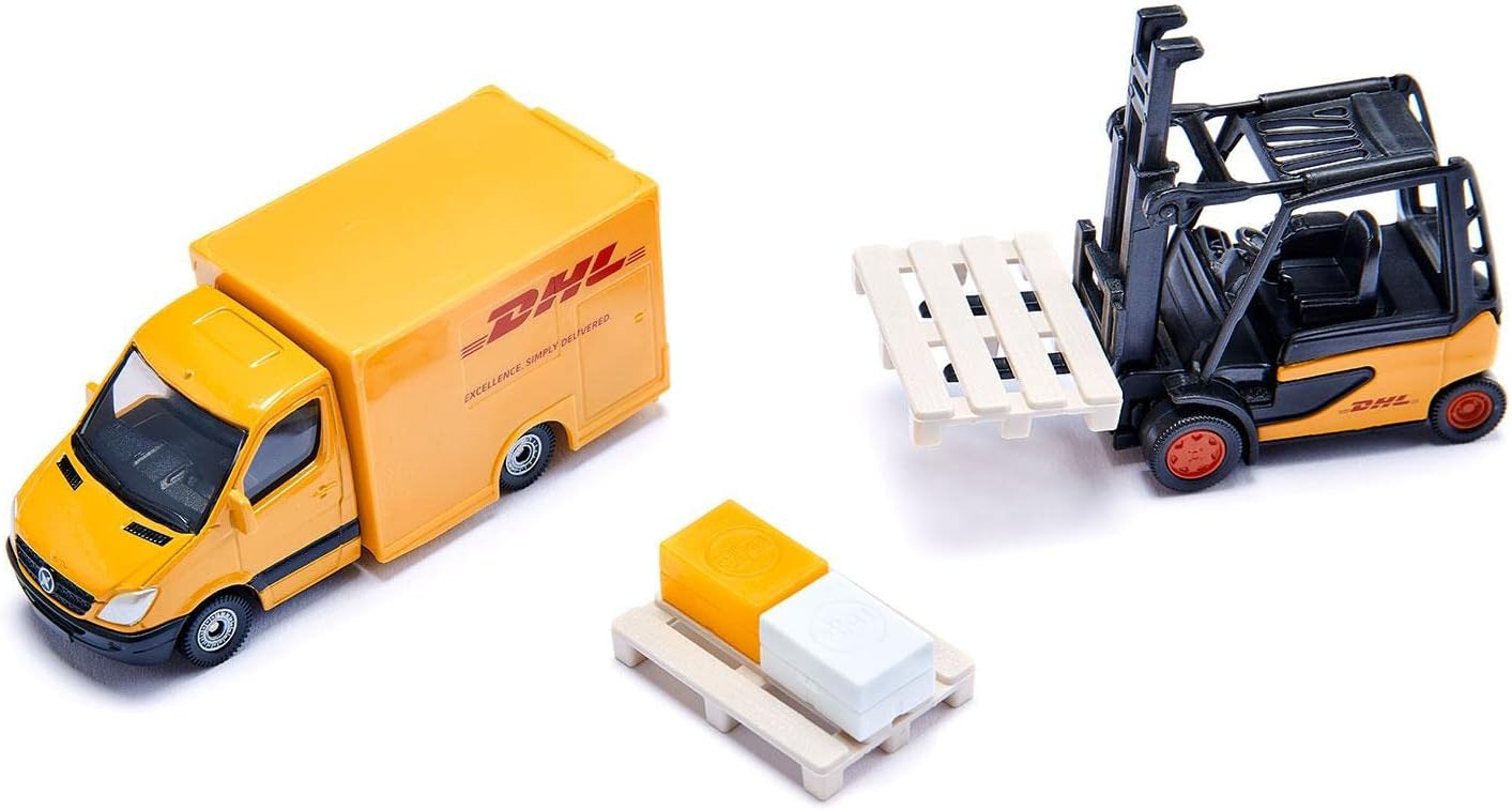 siku 6335, DHL Logistics Gift Set with Truck, Forklift, Parcel Delivery Van, Pallets and Packages, Metal,Plastic, Yellow, Moving Parts