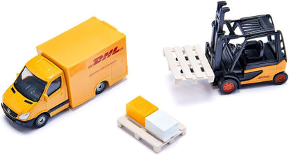 siku 6335, DHL Logistics Gift Set with Truck, Forklift, Parcel Delivery Van, Pallets and Packages, Metal,Plastic, Yellow, Moving Parts