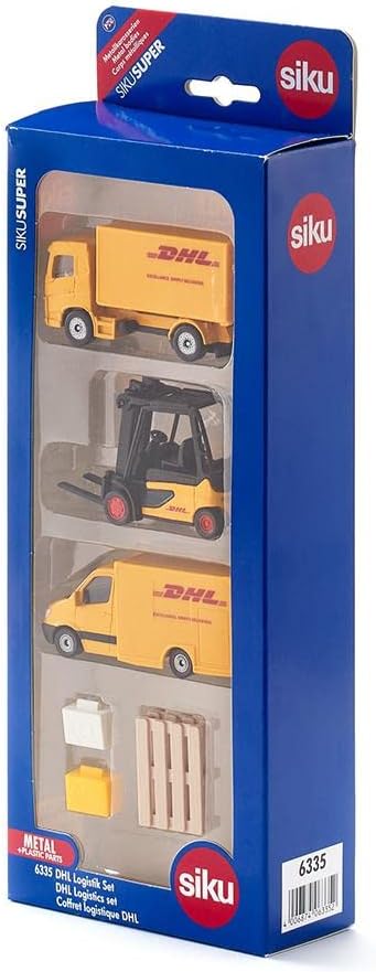 siku 6335, DHL Logistics Gift Set with Truck, Forklift, Parcel Delivery Van, Pallets and Packages, Metal,Plastic, Yellow, Moving Parts
