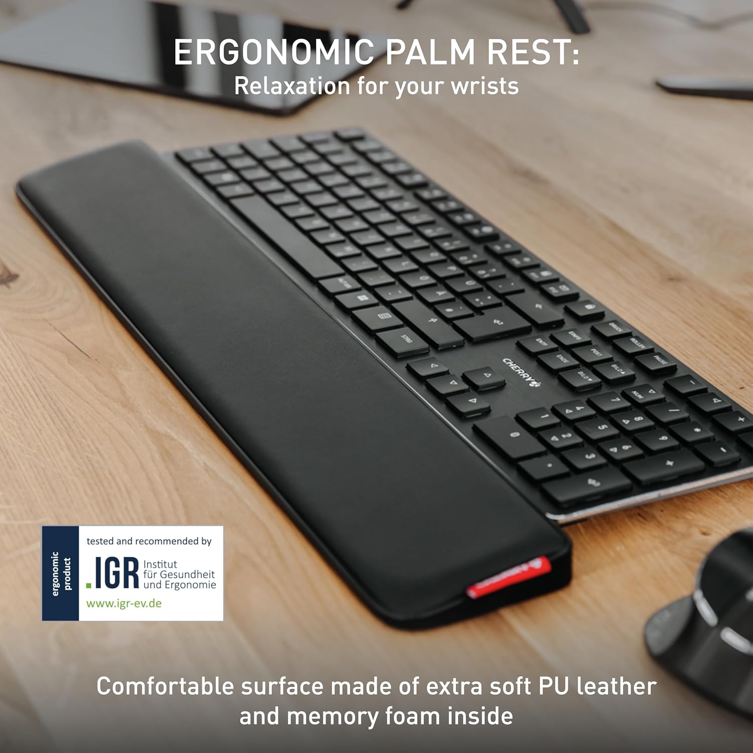 CHERRY PALMREST Ergo, Ergonomic Palm Rest, Compatible with Any Keyboard, extendable feet, 3 Different tilt Angles, Extra Wide, Black