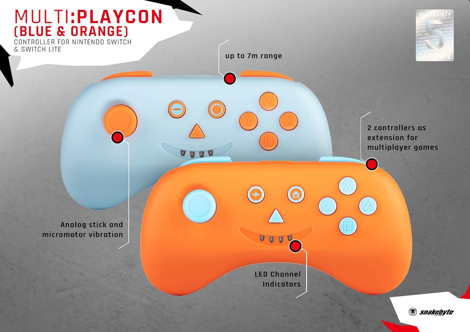 snakebyte MULTI: PLAYCONS -orange/ blau - 2 kabellose Wireless Bluetooth Controller für Nintendo Switch u. Lite / Multiplayer Gamepads mit aufladbaren Akkus u. Vibrationseffekt Orange und Blau