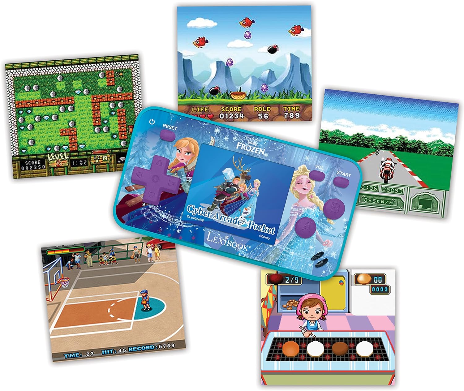 Lexibook Frozen Arcade Pocket Portable Gaming Console, 150 Games, LCD, Battery Operated, Purple / Blue, JL1895FZ