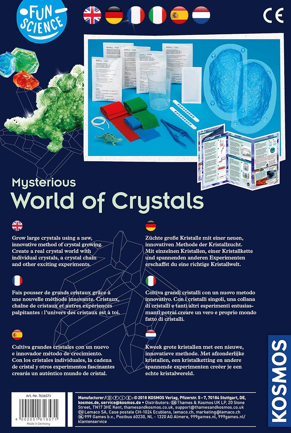 KOSMOS 616571 Fun Science - Geheimnisvolle Kristallwelt mehrsprachige Version (DE, EN, FR, IT, ES, NL) Verrückte Kristall-Objekte selbst züchten, Experimentierset für Kinder