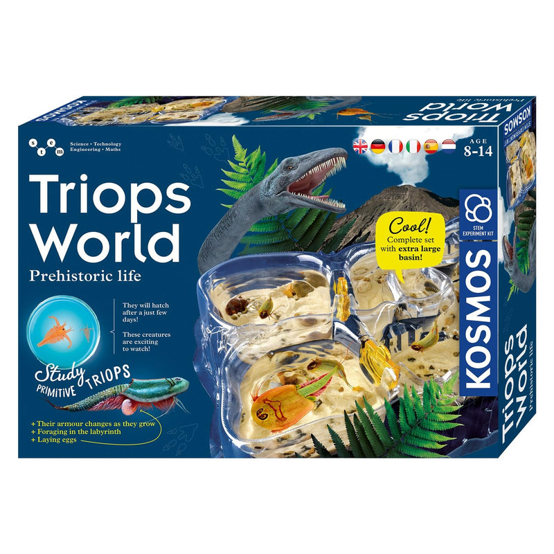 KOSMOS 616748 Triops World, Triops züchten, Urzeitkrebse erleben Das Einsteiger Eier, Futter und Sand. Experimentier Set für Kinder mit mehrsprachiger Anleitung (DE, EN, FR, IT, ES, NL