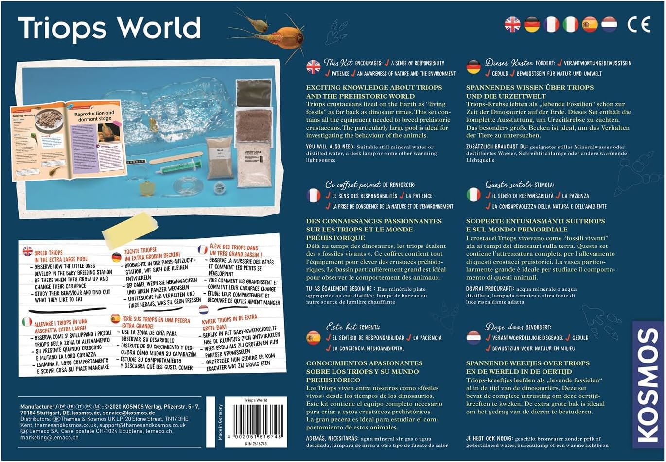 KOSMOS 616748 Triops World, Triops züchten, Urzeitkrebse erleben Das Einsteiger Eier, Futter und Sand. Experimentier Set für Kinder mit mehrsprachiger Anleitung (DE, EN, FR, IT, ES, NL