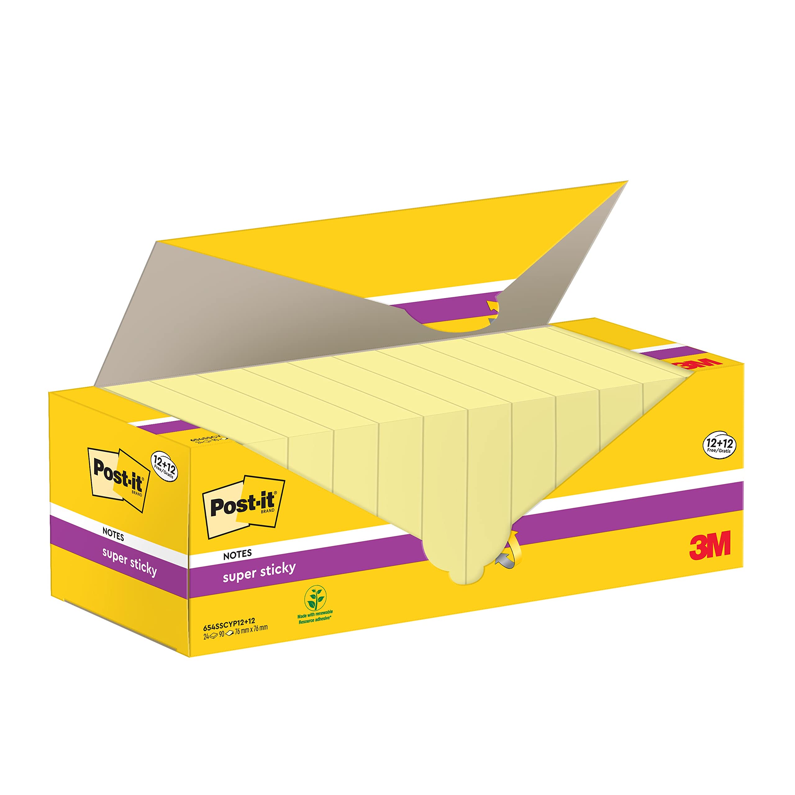 Post-it Super Sticky Notes Canary Yellow, Value Pack of 12 + 12 FREE Pads, 90 Sheets per Pad, 76 mm x 76 mm, Yellow Color - Extra Sticky Notes For Note Taking, To Do Lists & Reminders