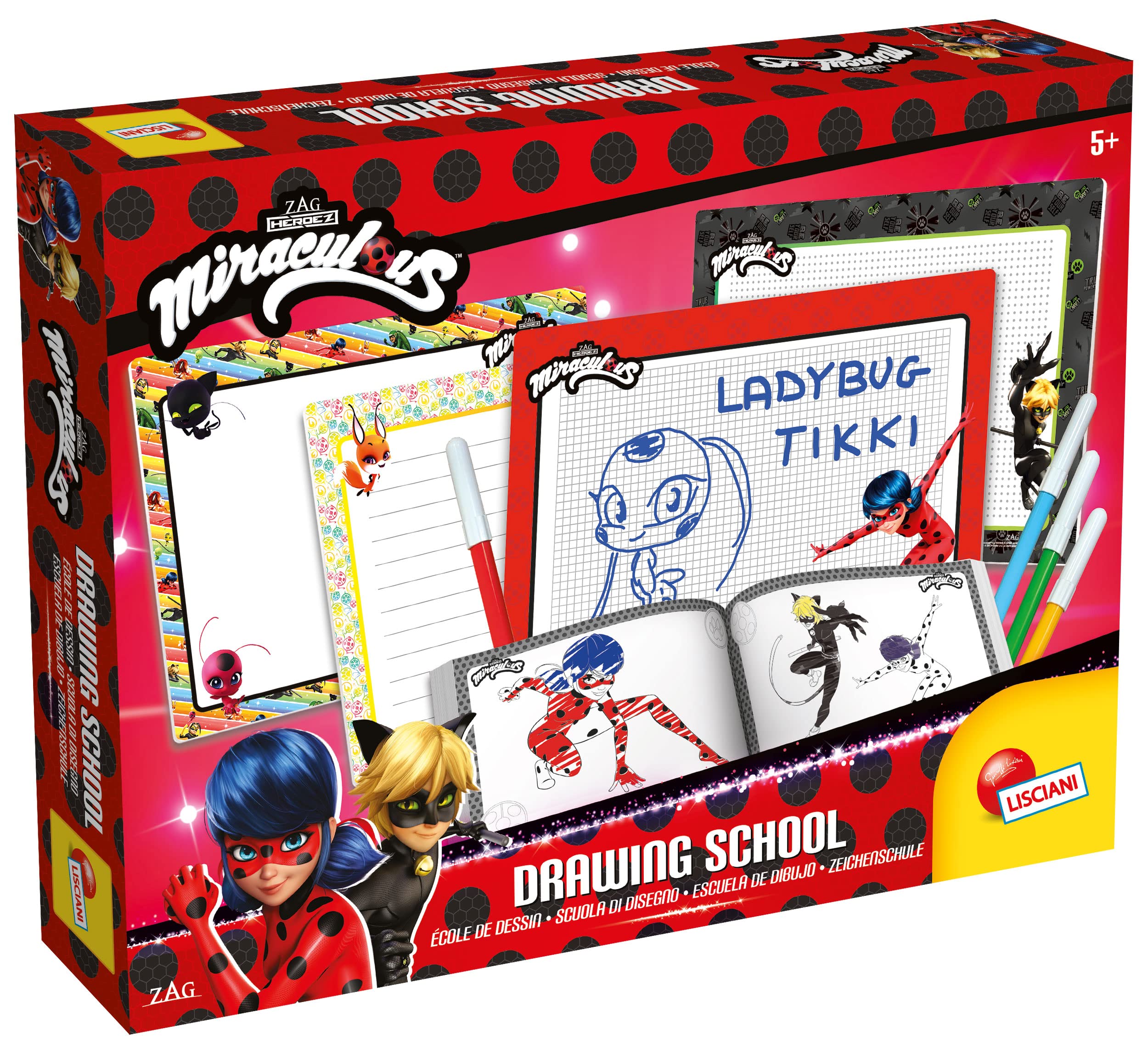Lisciani - MIRACULOUS - Lady Bug Zeichenkit - Kreative Bastelsets für Kinder ab 5 Jahren - 4 Abwischbare Tafeln + 4 Marker + Zeichenbuch zum Zeichnenlernen - Hergestellt in Italien