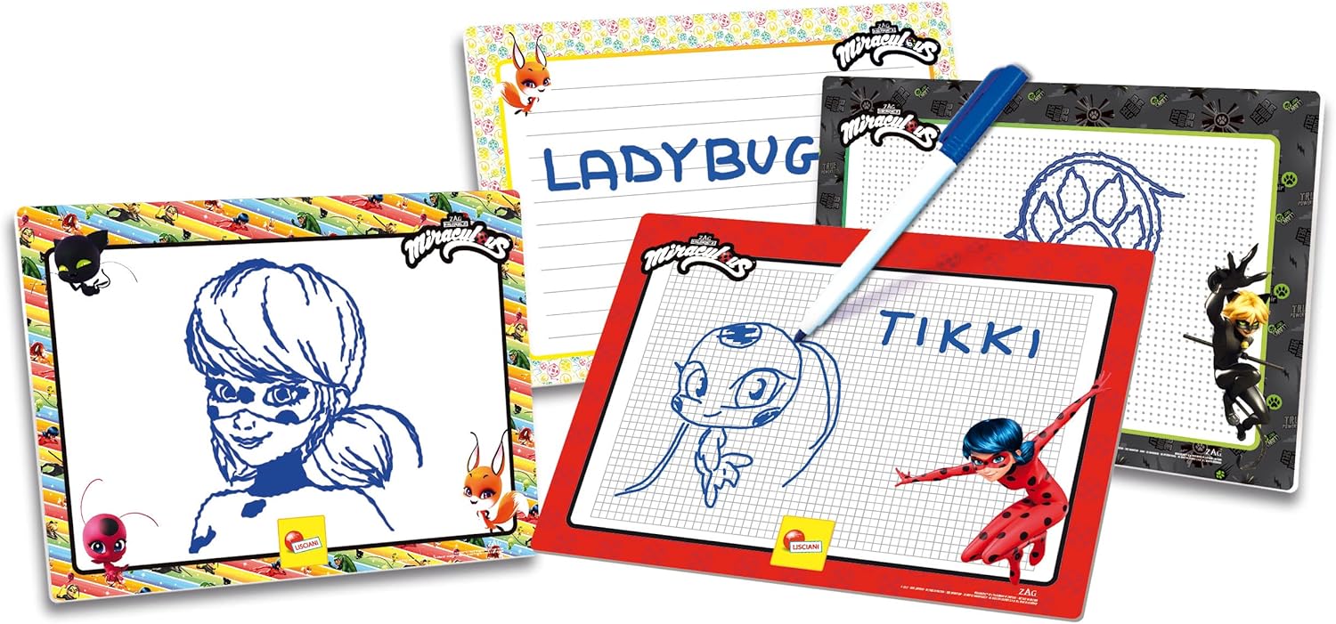 Lisciani - MIRACULOUS - Lady Bug Zeichenkit - Kreative Bastelsets für Kinder ab 5 Jahren - 4 Abwischbare Tafeln + 4 Marker + Zeichenbuch zum Zeichnenlernen - Hergestellt in Italien