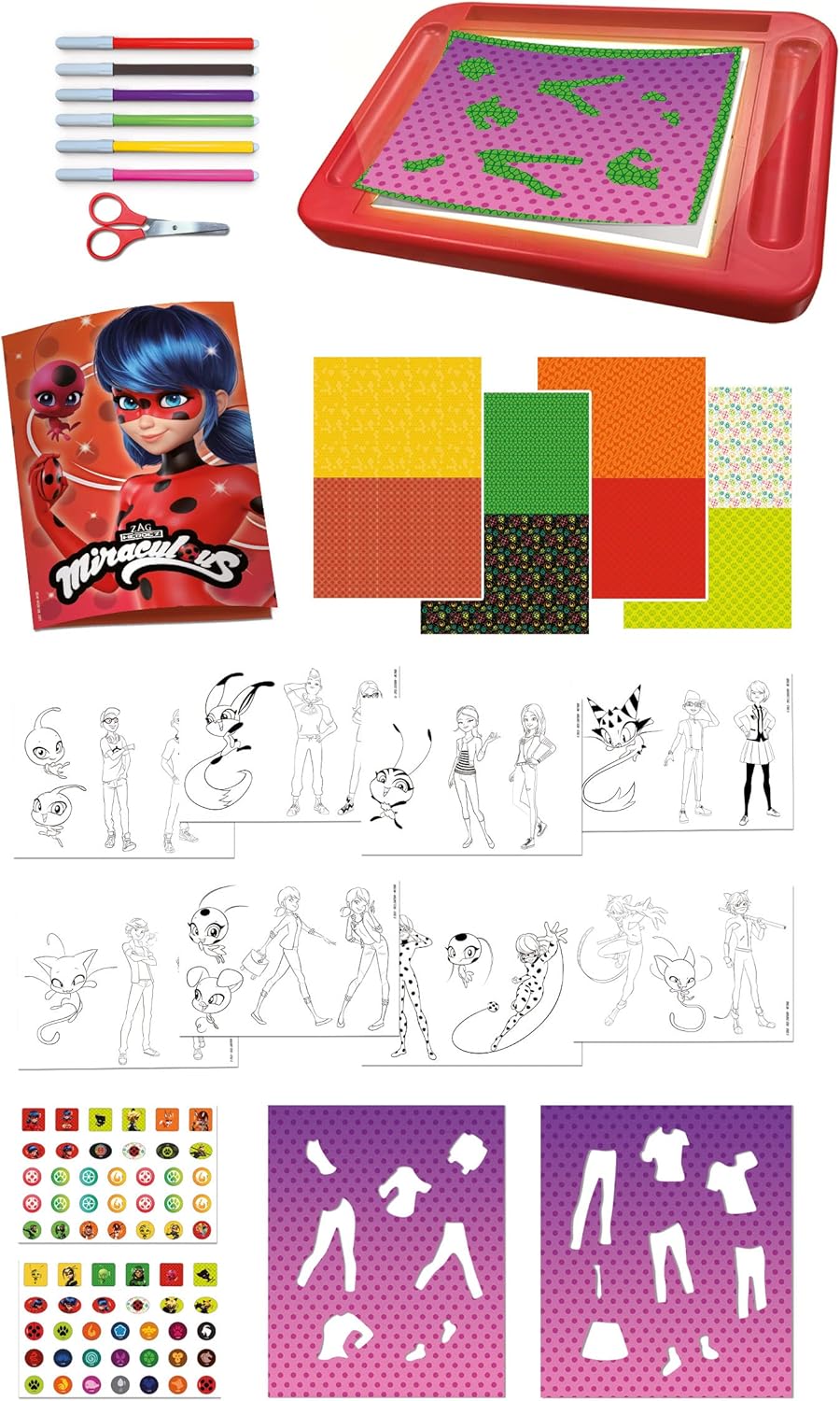 LISCIANI - MIRACULOUS - Kit de Dibujo con Tableta Luminosa de Lady Bug - Manualidades Creativas para Niños a Partir de 5 Años - Papel de Calcar + Modelos + Plantillas + Pegatinas para Dibujar
