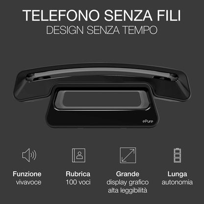 ALCATEL ePure Iconic - Telefono fisso cordless DECT - Design vintage - Grande display grafico ad alta leggibilità - Vivavoce - Funzione blocco chiamate - Nero