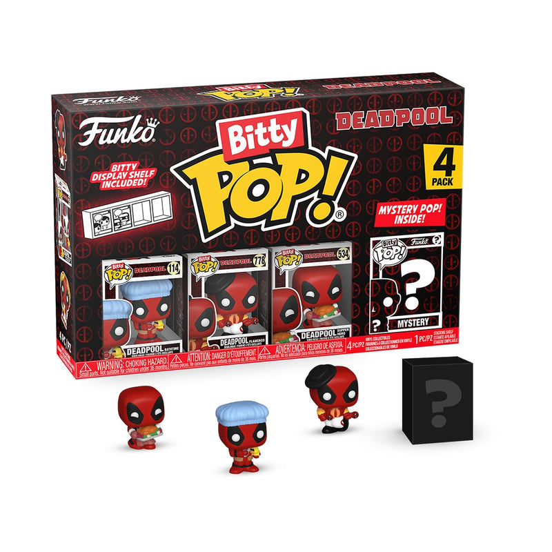 Funko Bitty Pop! Deadpool (Bathtime), Bitty Pop! Deadpool (Flamenco), Bitty Pop! Deadpool (Supper Hero), and a mystery Bitty Pop! figure - 0.9 Inch (2.2 Cm) Collectable - Gift Idea