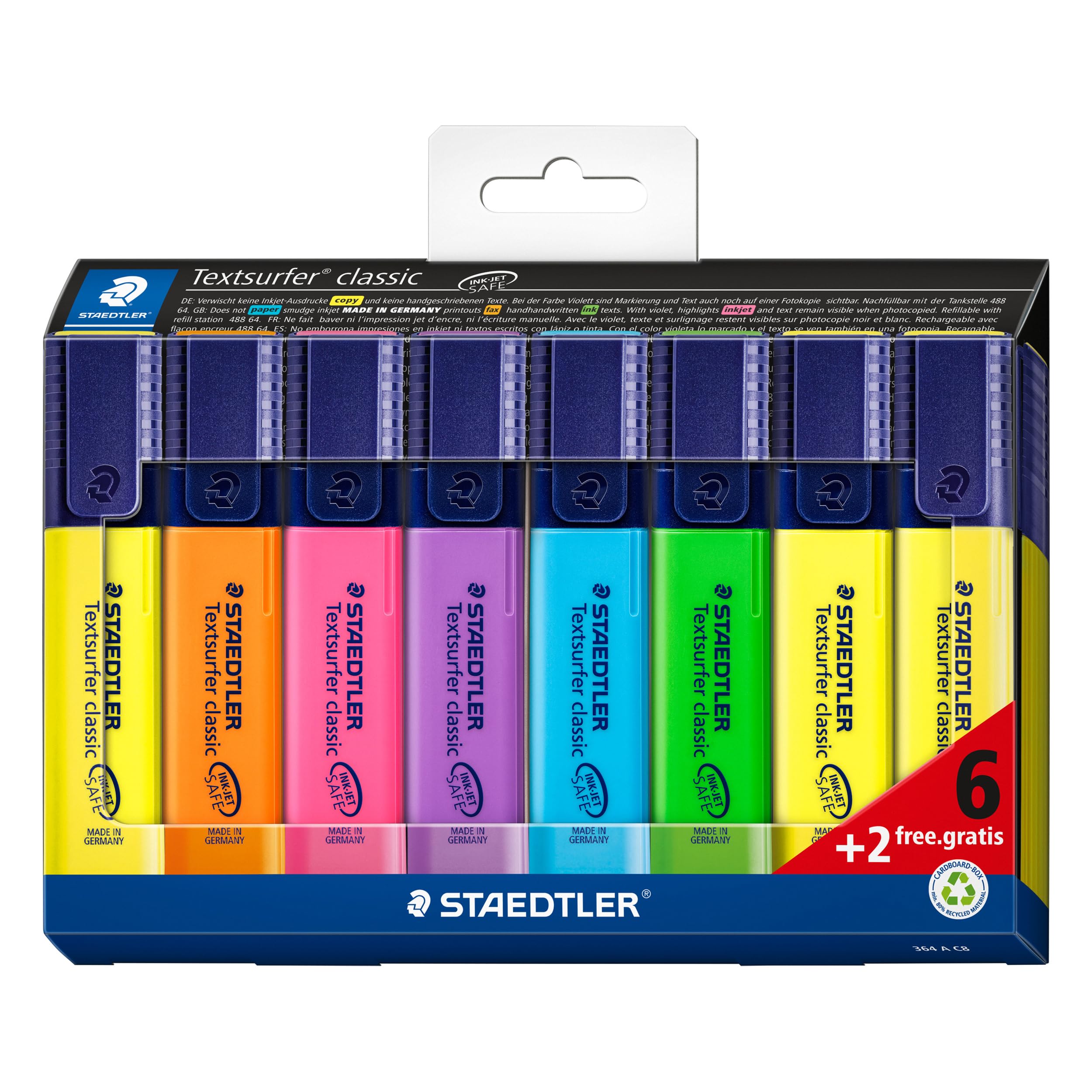 STAEDTLER 364 A C8 Textsurfer Classic Highlighter - Assorted Colours (Card Pack of 6+2 FREE
