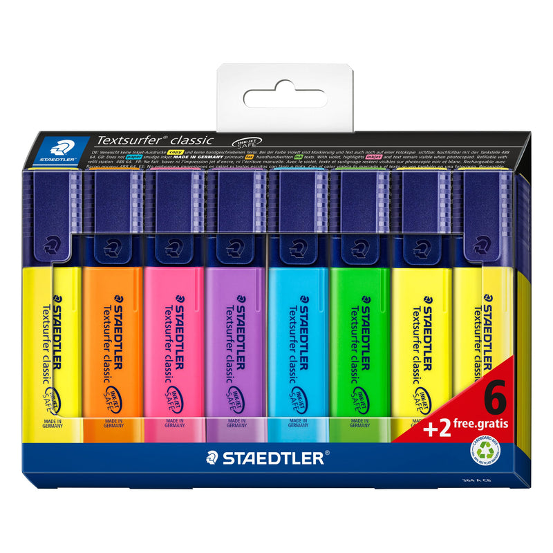 STAEDTLER 364 A C8 Textsurfer Classic Highlighter - Assorted Colours (Card Pack of 6+2 FREE
