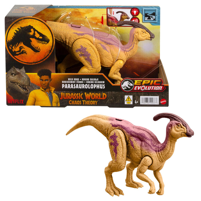 Mattel Jurassic World: Chaos Theory Netflix - Wild Roar Parasaurolophus Dinosaur Figure with Glowing Biolumescent Spine Reveal Lights & Roar Sound, Posable Toy & Digital Play, Ages 4 Years & Up, HTK75