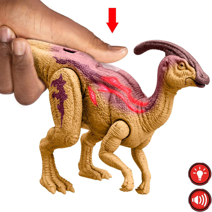 Mattel Jurassic World: Chaos Theory Netflix - Wild Roar Parasaurolophus Dinosaur Figure with Glowing Biolumescent Spine Reveal Lights & Roar Sound, Posable Toy & Digital Play, Ages 4 Years & Up, HTK75