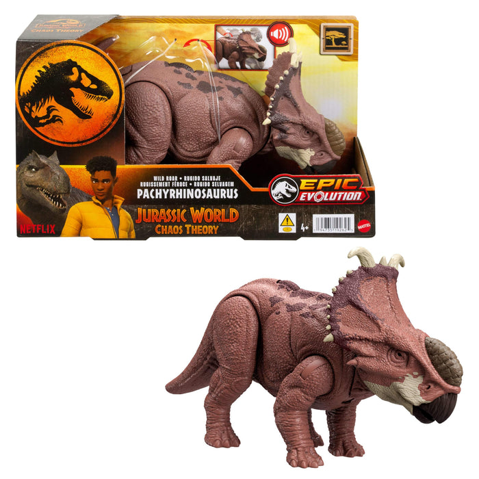 Mattel Jurassic World: Chaos Theory Netflix - Wild Roar Pachyrhinosaurus Dinosaur Figure with Continuing Head Strike & Roar Sound, Posable Toy & Digital Play, Ages 4 Years & Up, HTK72