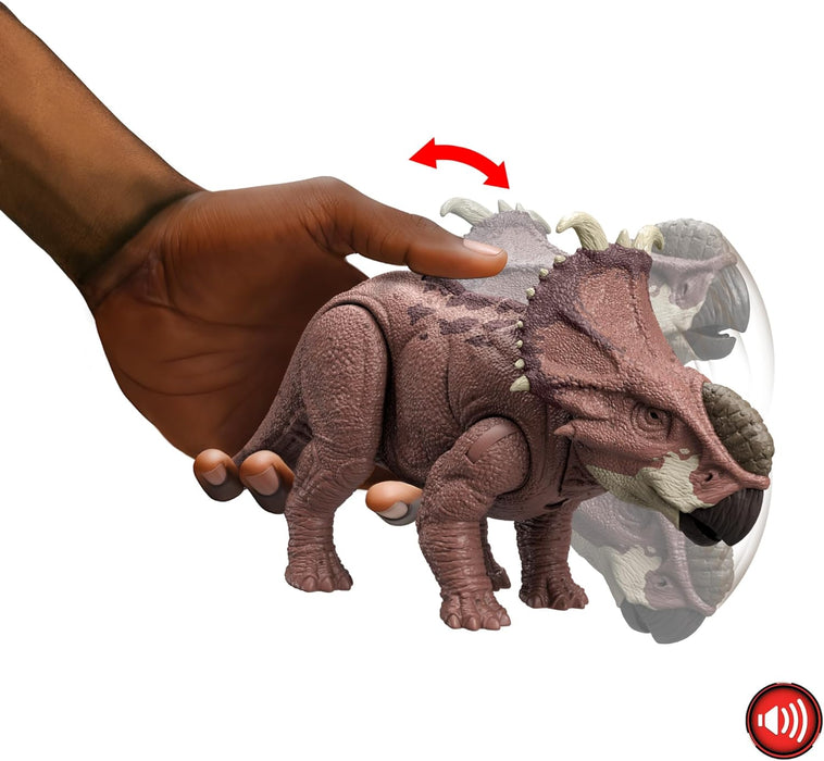 Mattel Jurassic World: Chaos Theory Netflix - Wild Roar Pachyrhinosaurus Dinosaur Figure with Continuing Head Strike & Roar Sound, Posable Toy & Digital Play, Ages 4 Years & Up, HTK72