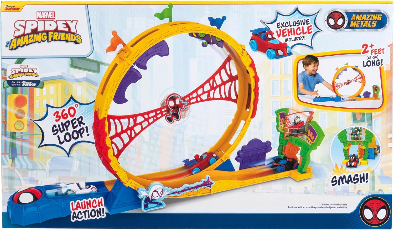 MARVEL Spidey and His Amazing Friends - Amazing Metals Super Loop Track Set - 28-Inch Race Track with Launcher, 360 Degree Super Loop, and Exclusive Amazing Metals Vehicle