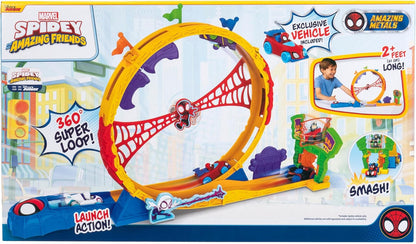 MARVEL Spidey and His Amazing Friends - Amazing Metals Super Loop Track Set - 28-Inch Race Track with Launcher, 360 Degree Super Loop, and Exclusive Amazing Metals Vehicle