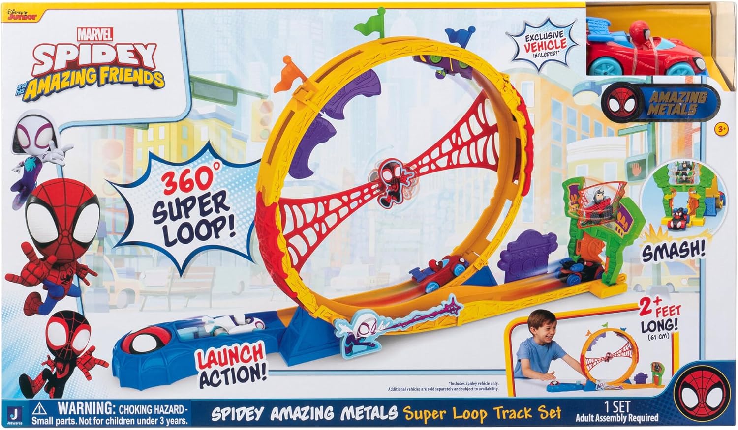 MARVEL Spidey and His Amazing Friends - Amazing Metals Super Loop Track Set - 28-Inch Race Track with Launcher, 360 Degree Super Loop, and Exclusive Amazing Metals Vehicle