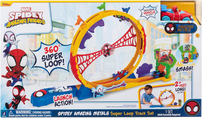 MARVEL Spidey and His Amazing Friends - Amazing Metals Super Loop Track Set - 28-Inch Race Track with Launcher, 360 Degree Super Loop, and Exclusive Amazing Metals Vehicle