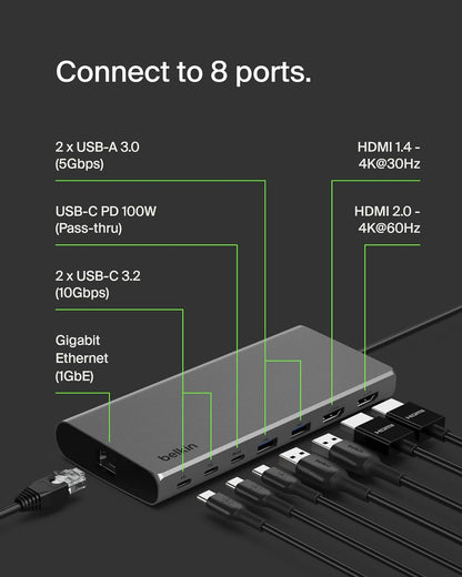 Belkin Connect Universal USB-C 8-in-1 Dual Display Core Hub w/Silicon Motion Technology - Compatible with Mac, Windows, and Chromebook - 100W PD w/ 10Gbps Transfer Speeds & 1GbE Ethernet - Silver