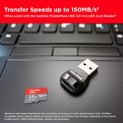SanDisk 1.5TB Ultra microSDXC card + SD adapter, Memory card Full HD, up to 150 MB/s, For smartphones and Tablets, with A1 App Performance, UHS-I, Class 10, U1 1.5TB Single Pack