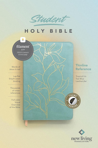 NLT Student Bible, Thinline Reference, Filament-Enabled Edition (Leatherlike, Tropical Iris Teal Blue, Indexed, Red Letter)