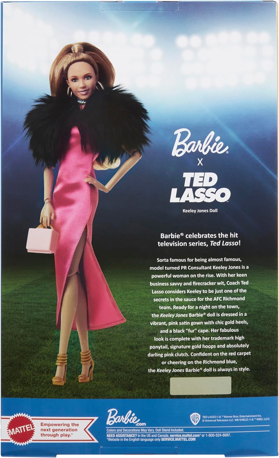 Barbie Signature Doll, Keeley Jones from Ted Lasso Wearing Pink Dress with Faux Fur Cape, Collectible with Displayable Packaging, HJW92