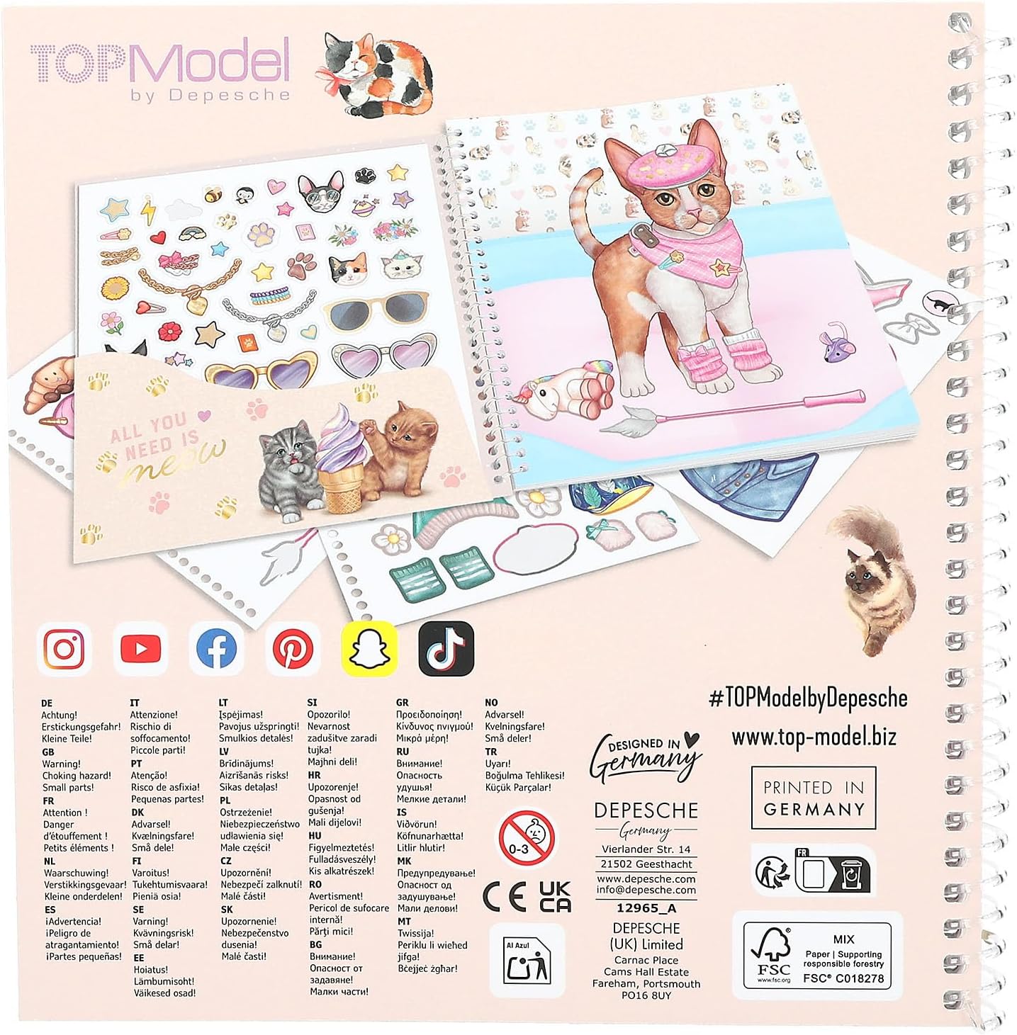 Depesche 12965 TOPModel Kitty - Dress Me Up Sticker Book with 24 Pages of Pre-Printed Cat Designs for Your Own Design, Includes 11 Sticker Sheets