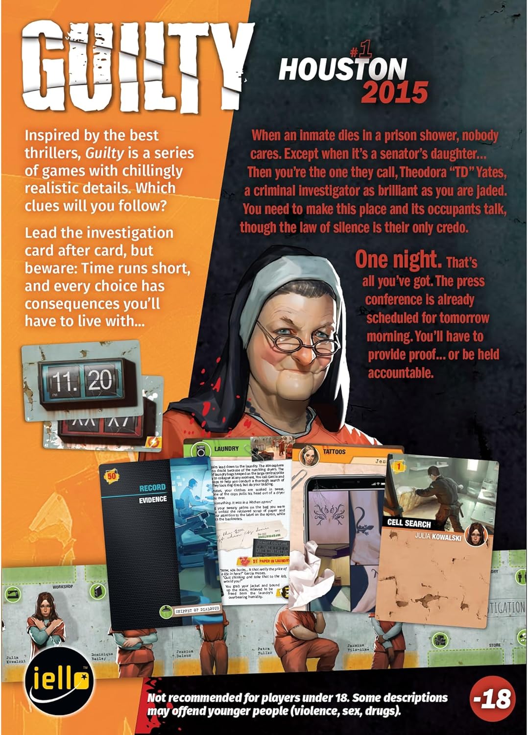IELLO: Guilty: Houston 2015 - Cooperative Board Game, Deduction, Murder Investigation at County Prison, Ages 18+, 1-99 Players, 180-240 Min