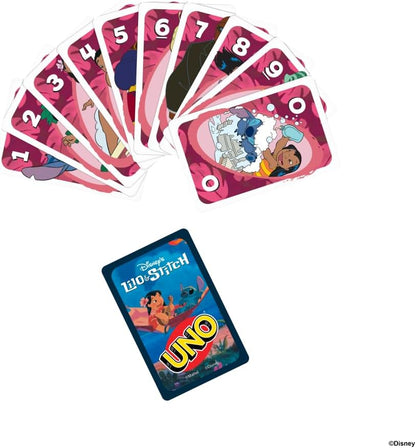 Mattel Games UNO Disney's Lilo en Stitch kaartspel voor kinderen, volwassenen en gezinnen, met speelkaarten en speciale spelregels geïnspireerd op de film, JCC10
