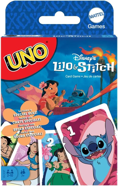 Mattel Games UNO Disney's Lilo en Stitch kaartspel voor kinderen, volwassenen en gezinnen, met speelkaarten en speciale spelregels geïnspireerd op de film, JCC10