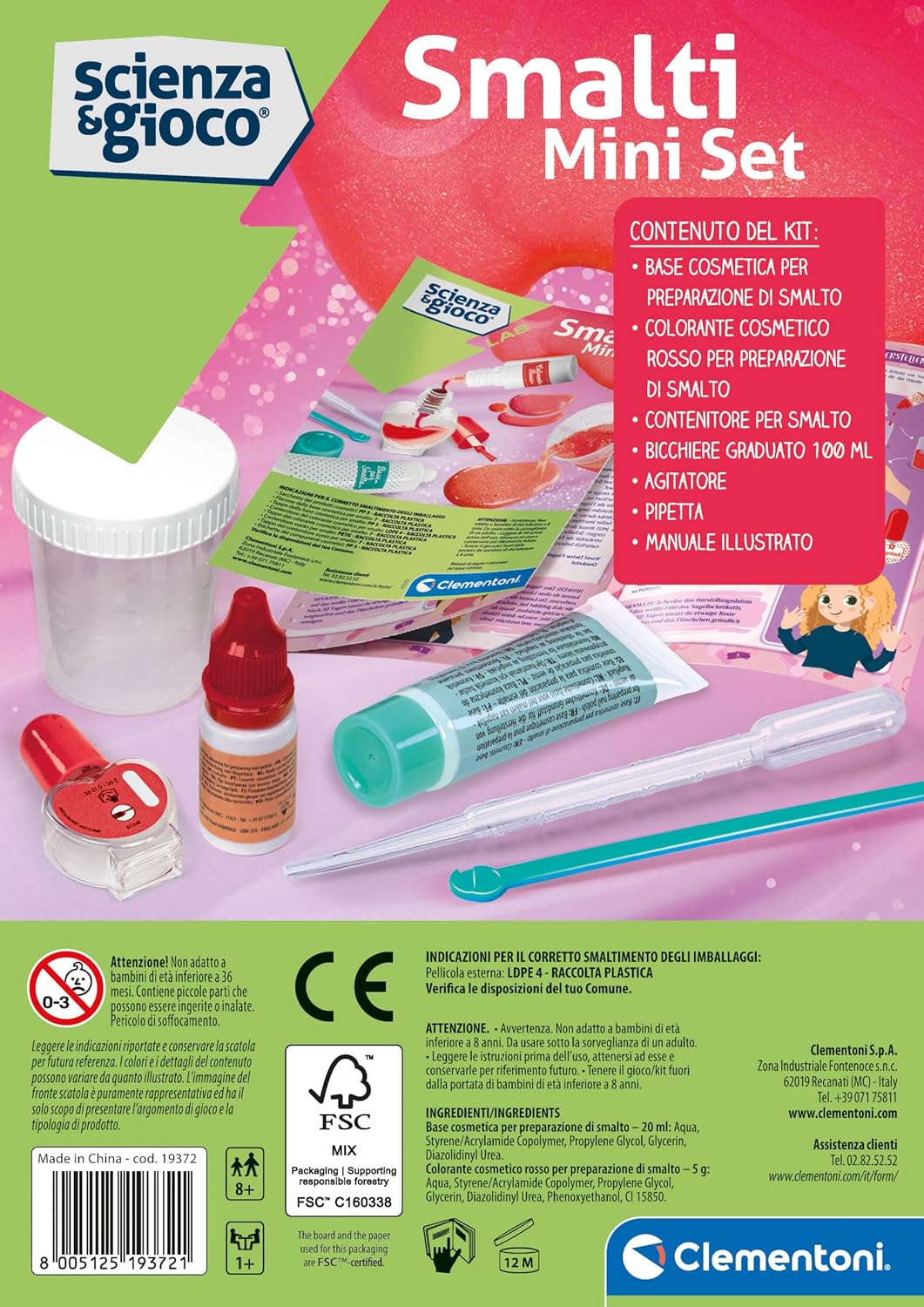 Clementoni Lab Mini Science Experiment Set, Girl Laboratory, Kit for Making Nail Polishes, Scientific Game 8 Years, in Italian, Made in Italy, Multicoloured, 19372
