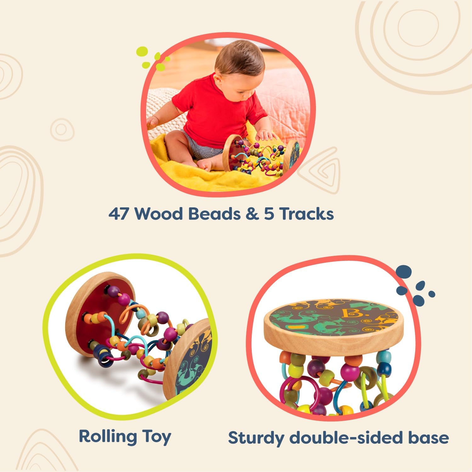 B. toys Montessori Baby Spielzeug Motorikschleifen mit Holzperlen – Holzspielzeug, Motorikspielzeug, Babyspielzeug mit Geräuschen für Kinder ab 18 Monaten (PVC frei